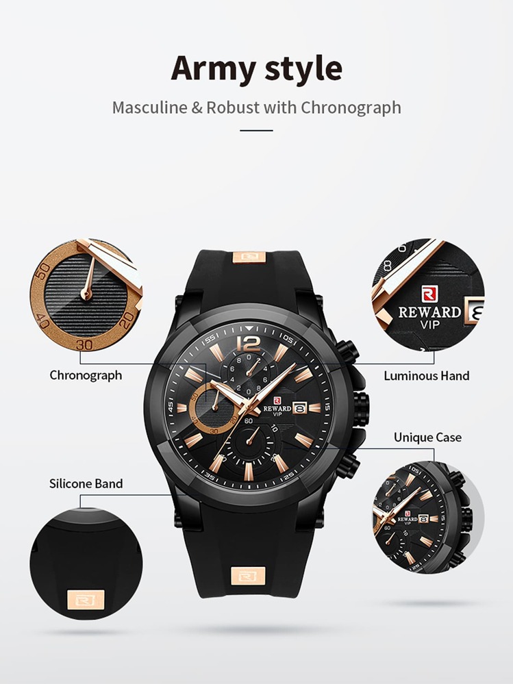 REWARD 男士石英表硅胶表带商务时尚计时日历夜光指针多功能男士腕表高品质礼物经典设计表带 - 黑色 - 查看 8