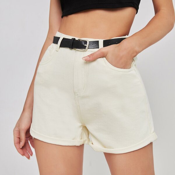 

Roll Hem Buckle Belted Denim Shorts, Beige