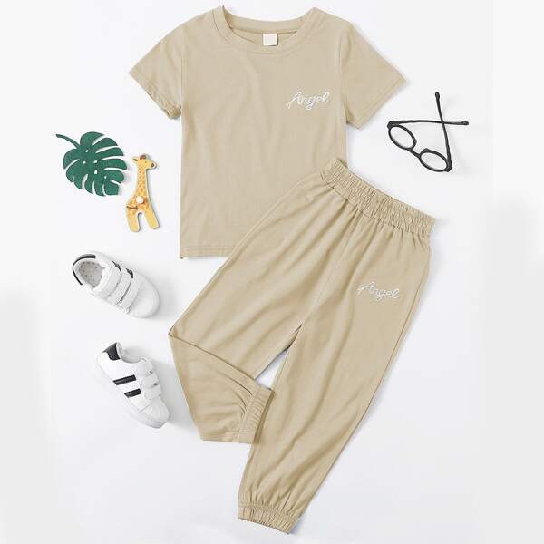 

Toddler Boys Letter Embroidery Tee With Sweatpants, Apricot