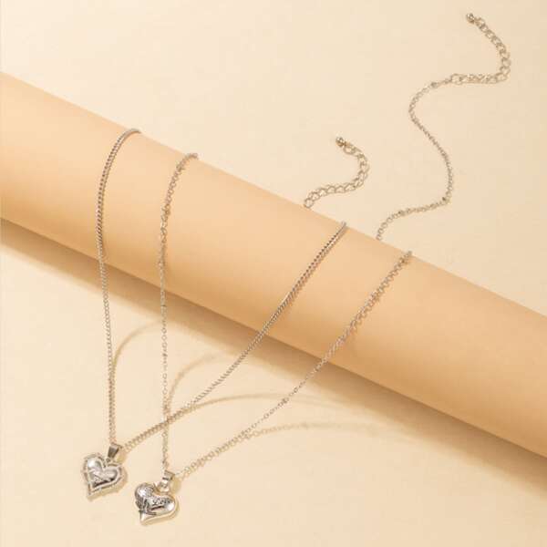 

2pcs Heart Charm Necklace, Silver