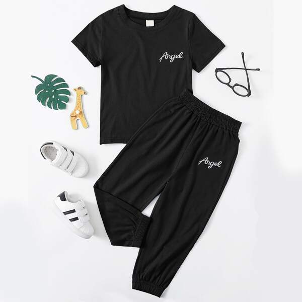

Toddler Boys Letter Embroidery Tee With Sweatpants, Black