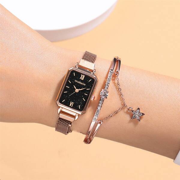 

1pc Rectangle Pointer Mesh Strap Watch & 1pc Bracelet