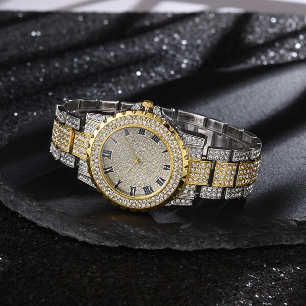 

Rhinestone Decor Round Pointer Watch