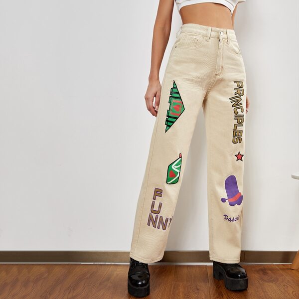 

High Waist Slogan & Cartoon Graphic Jeans, Beige