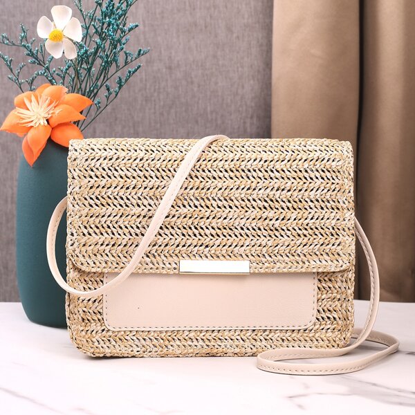 

Minimalist Flap Straw Bag, Beige