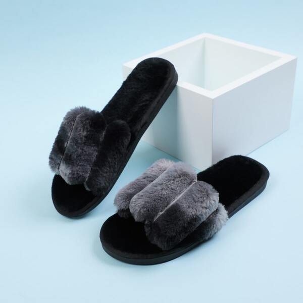 

Open Toe Fluffy Bedroom Slippers, Black