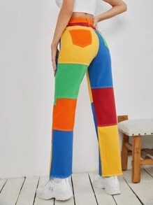 SHEIN EZwear Jeans rectos bajo crudo de color combinado - Multicolor - Ver 2