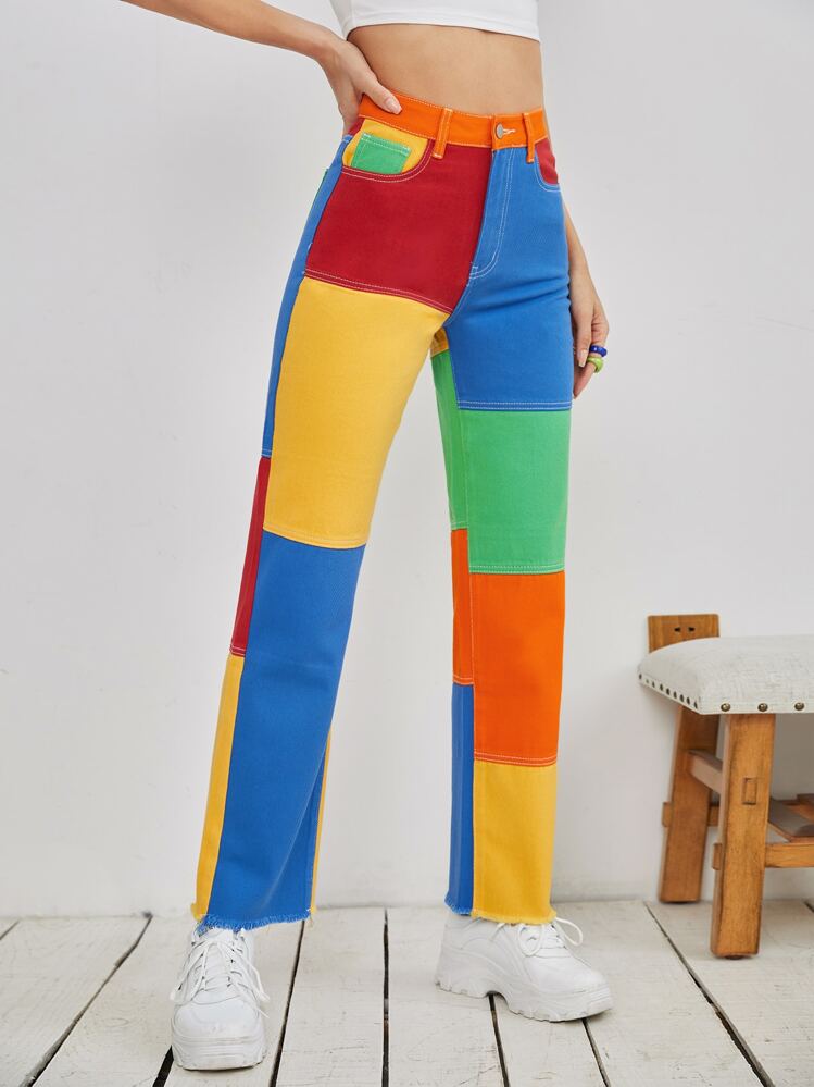 SHEIN EZwear 拼色毛邊直筒牛仔褲 - 彩色 - 查看 4