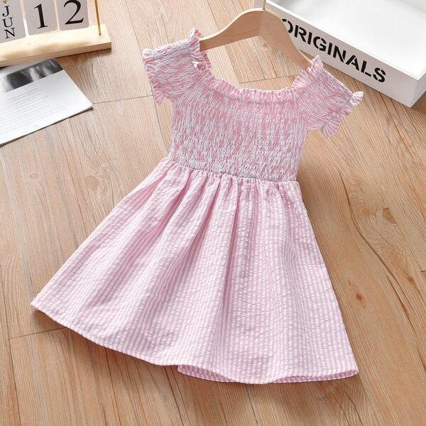 

Toddler Girls Striped Shirred Bodice Dress, Baby pink