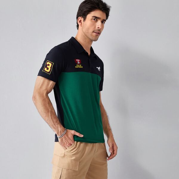 

Men Letter & Horse Print Polo Shirt, Multicolor