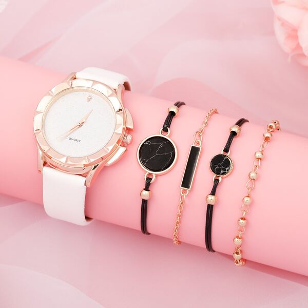 

1pc Rhinestone Decor Round Pointer Watch & 4pcs Bracelet