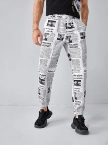 Manfinity Men Newspaper Print Trousers - Black and White - View 1
