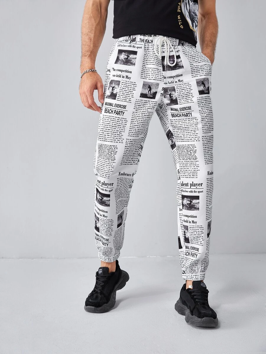 Manfinity Men Newspaper Print Trousers - Black and White - View 1