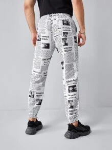Manfinity Men Newspaper Print Trousers - Black and White - View 2