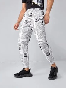 Manfinity Men Newspaper Print Trousers - Black and White - View 3