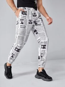 Manfinity Men Newspaper Print Trousers - Black and White - View 4