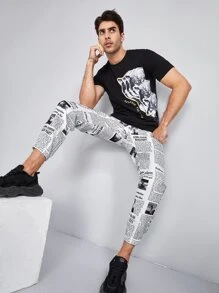 Manfinity Men Newspaper Print Trousers - Black and White - View 5