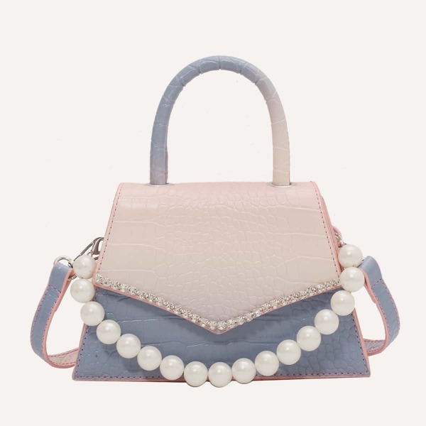 

Rhinestone Decor Croc Embossed Satchel Bag, Multicolor