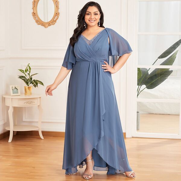 

Plus Wrap Detail Prom Dress With Cape, Dusty blue