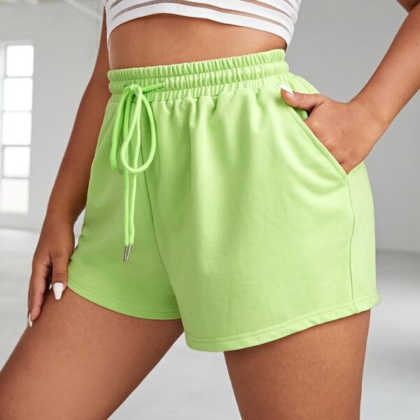 

Plus Drawstring Waist Slant Pocket Sports Shorts, Lime green