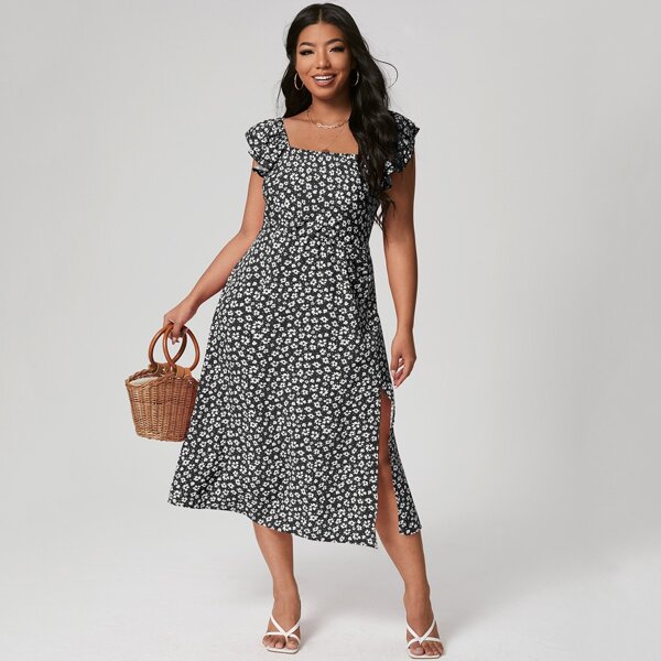 

Plus Ditsy Floral Square Neck Split Thigh Milkmaid Dress, Black and white