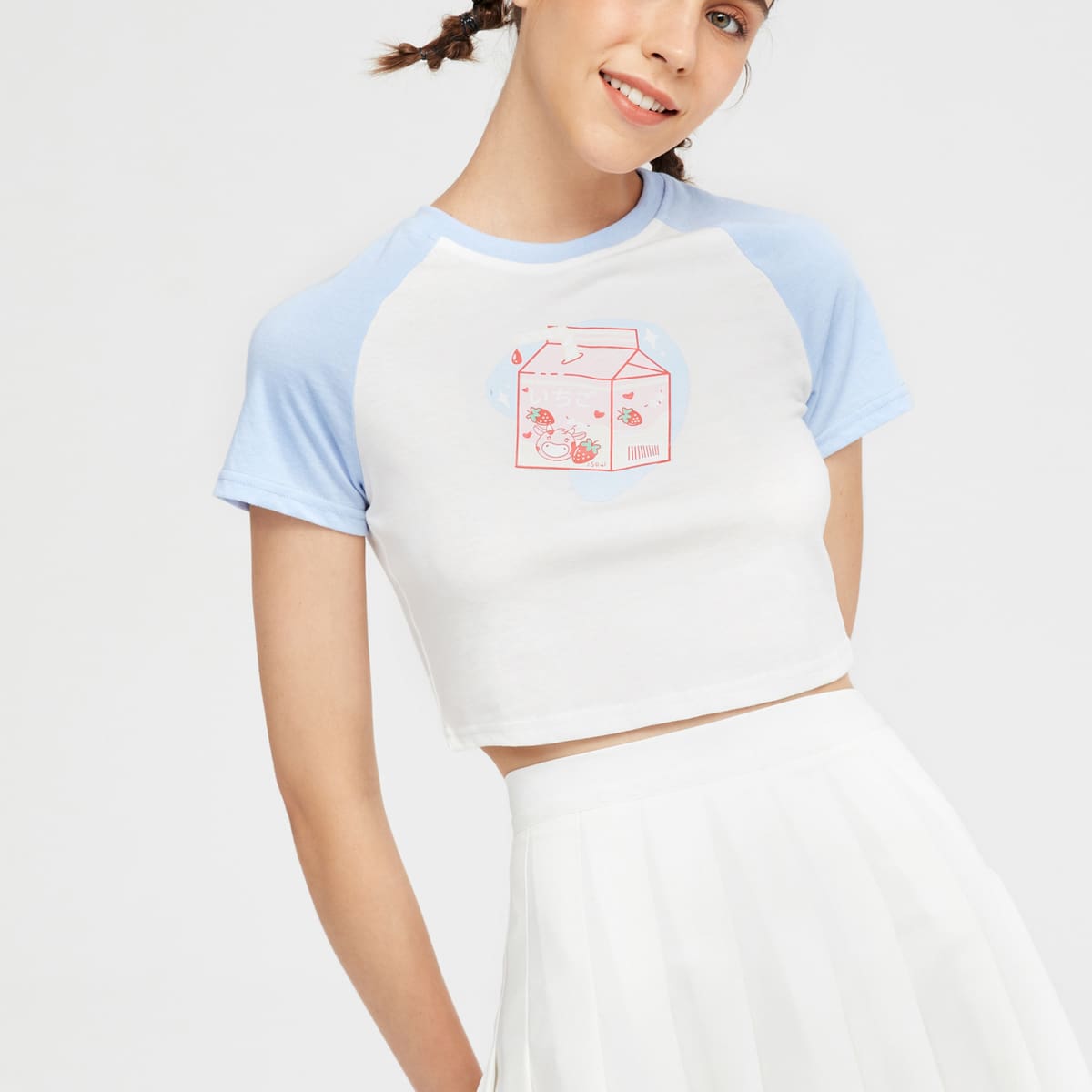 

Milk Box Graphic Crop Tee, Blue and white