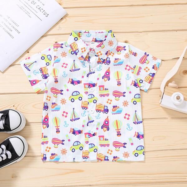 

Toddler Boys Cartoon Graphic Button Through Shirt, Multicolor