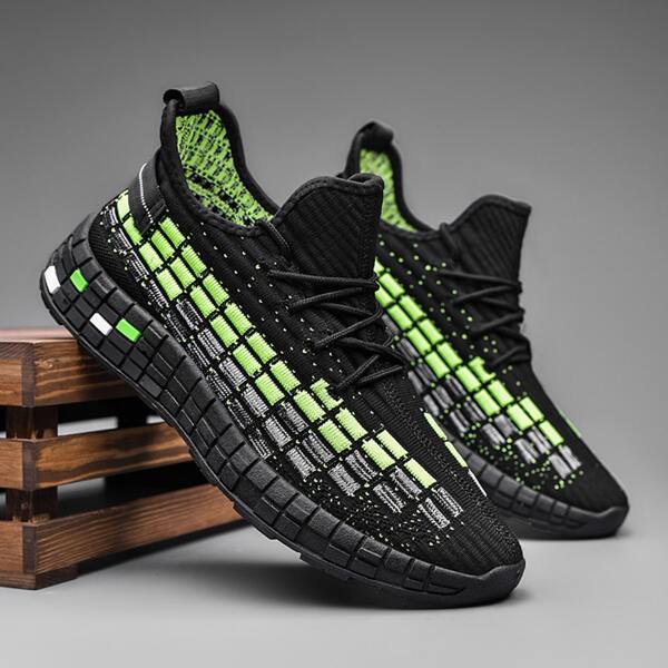 

Men Lace Up Decor Plaid Knit Running Shoes, Black