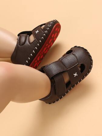 1 Pair Baby Boys' Hook And Loop Walking Flat Sandals, 0-1 Year Old