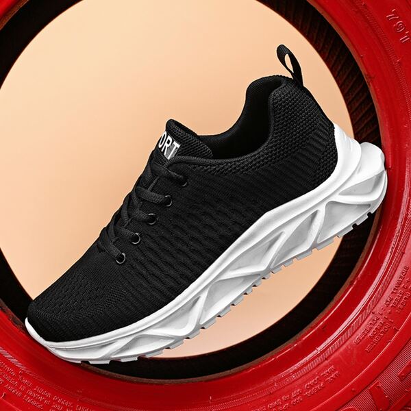

Men Lace-up Front Low Top Knit Sneakers, Black