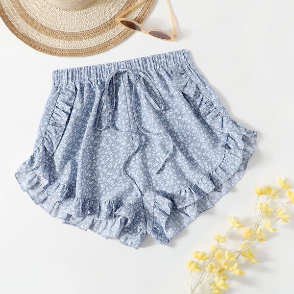 

Ditsy Floral Ruffle Trim Shorts, Baby blue