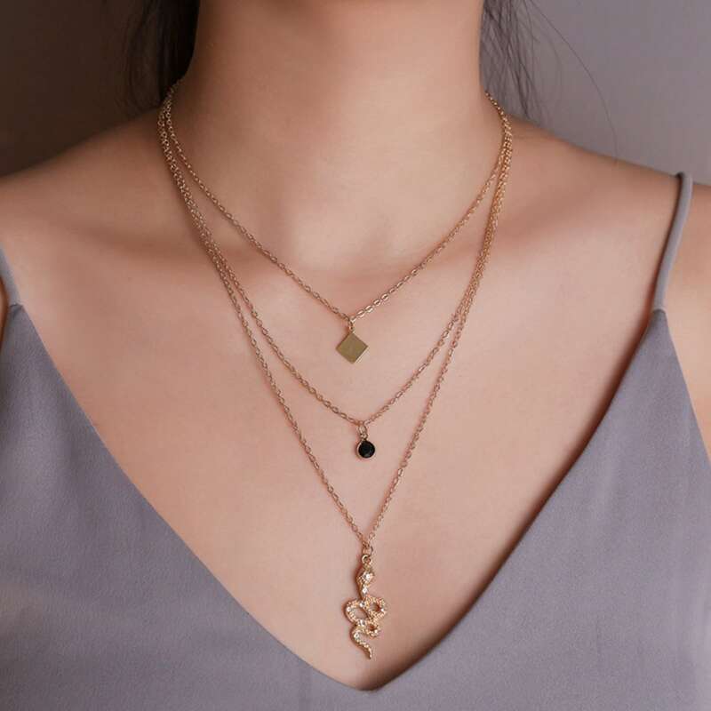 

Serpentine & Geo Layered Necklace, Gold