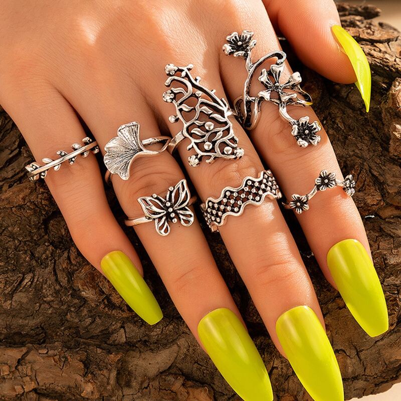 

7pcs Butterfly & Flower Design Ring, Antique silver