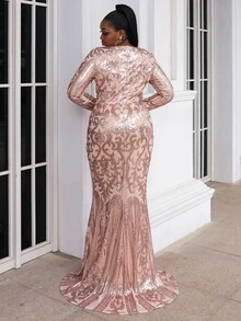 seomiscky Plus Mermaid Hem Sequin Prom Dress - Gold - View 2