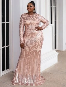 seomiscky Plus Mermaid Hem Sequin Prom Dress - Gold - View 4