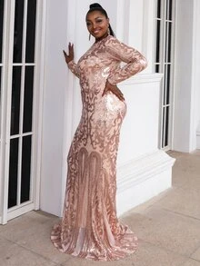 seomiscky Plus Mermaid Hem Sequin Prom Dress - Gold - View 5