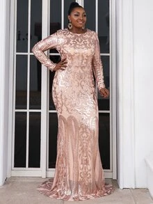 seomiscky Plus Mermaid Hem Sequin Prom Dress - Gold - View 6