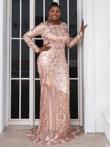 seomiscky Plus Mermaid Hem Sequin Prom Dress - Gold - View 7