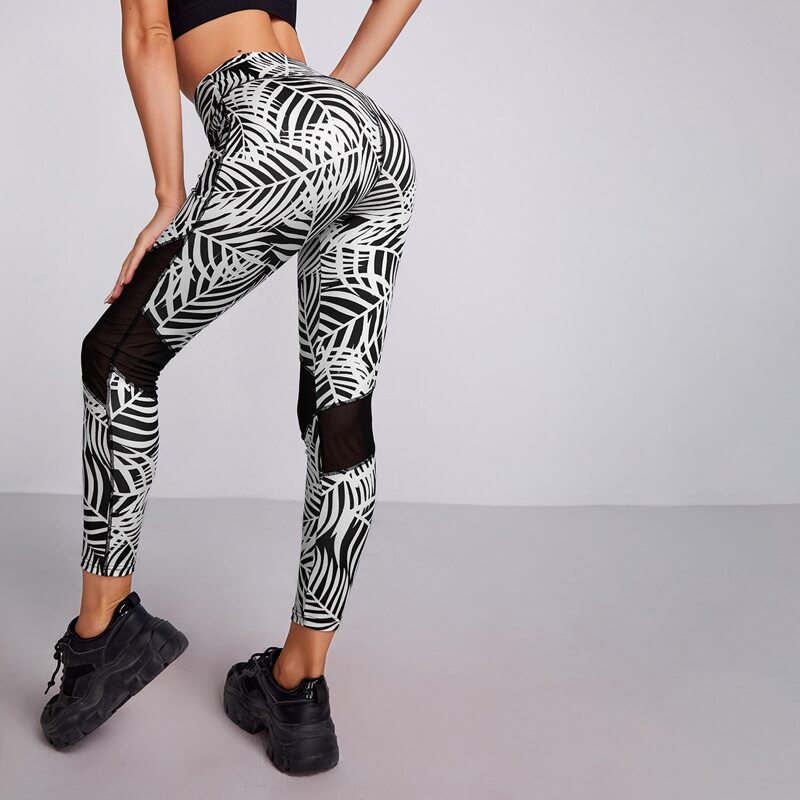 

Tropical Print Mesh Panel Sports Leggings, Black and white