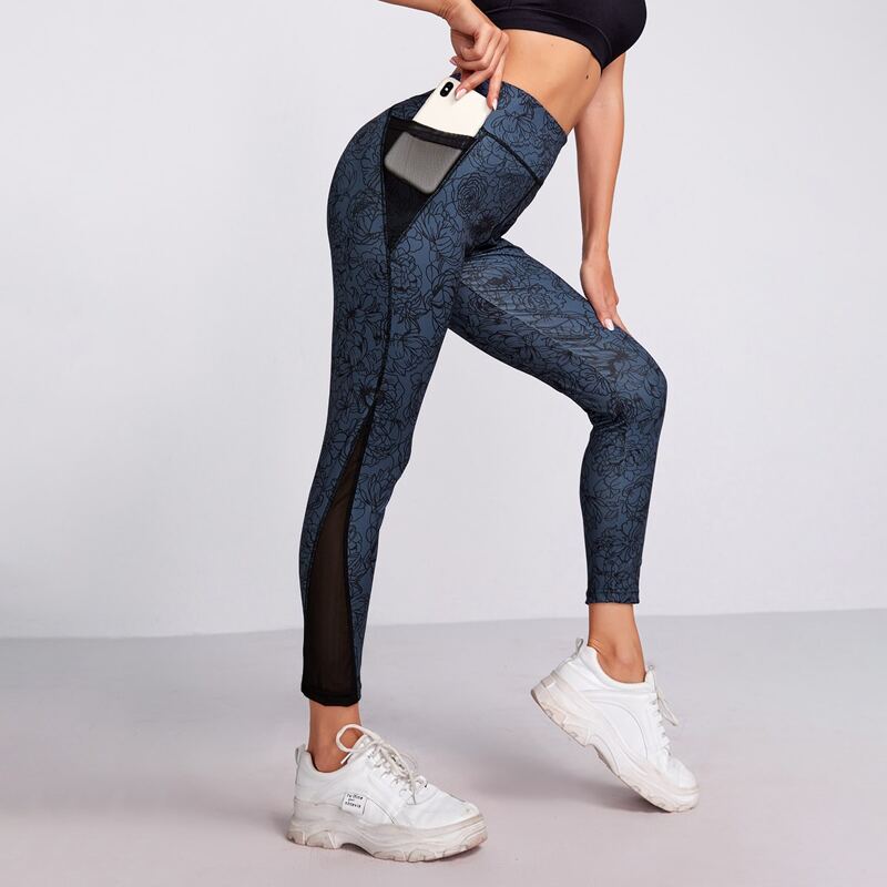 

High Stretch Floral Print Sports Leggings With Phone Pocket, Navy blue
