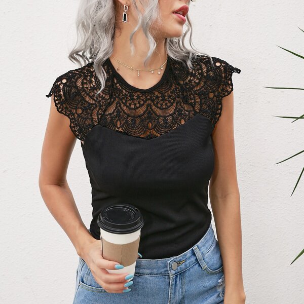 

Solid Guipure Lace Panel Top, Black