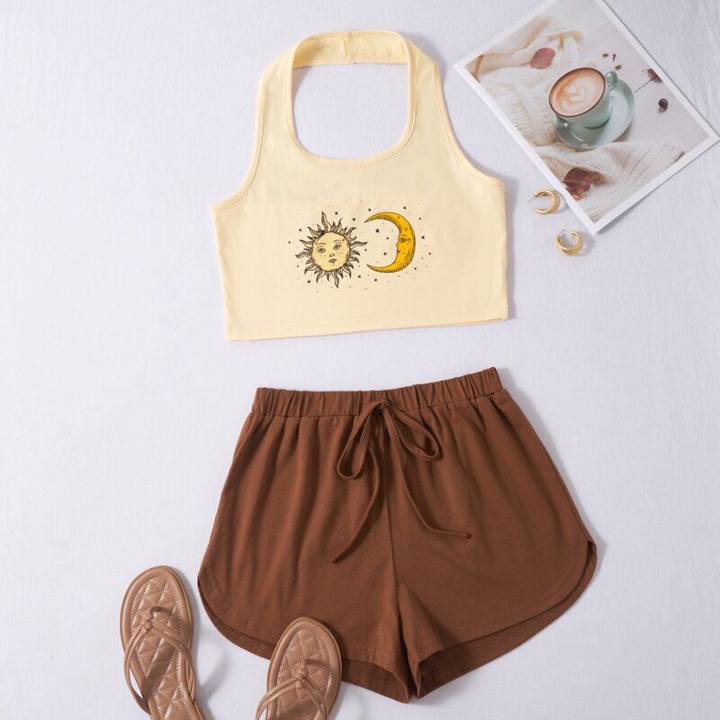 

Sun & Moon Graphic Halter Top & Shorts, Multicolor