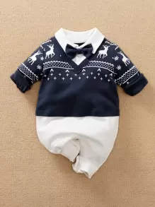 Yierying Baby Boy Deer Print Bow Neck Jumpsuit, For Christmas - Blue and White - View 1