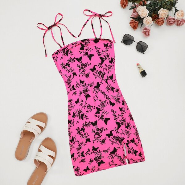 

Floral And Butterfly Print Tie Shoulder Cami Dress, Hot pink