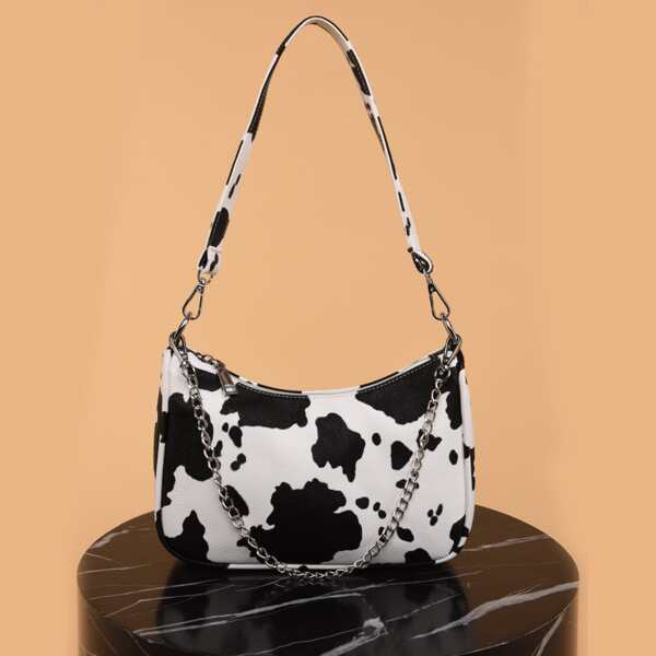 

Chain Cow Pattern Shoulder Bag, Black and white
