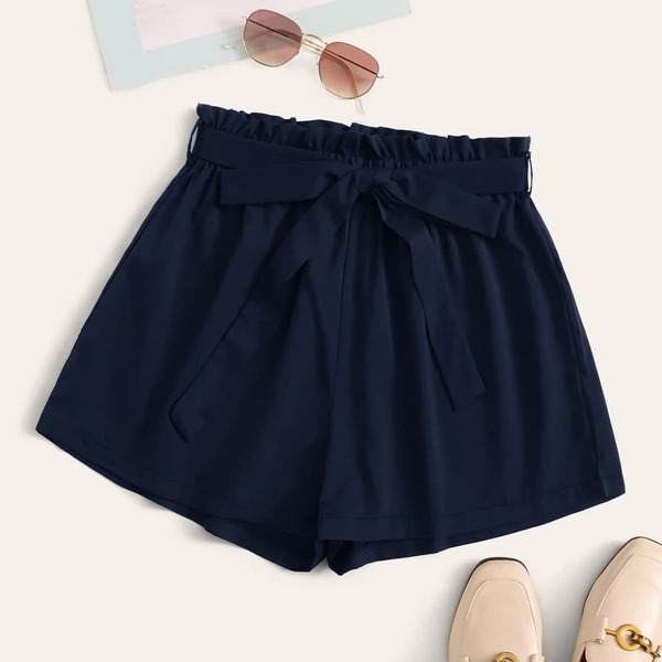

Plus Solid Paper Bag Waist Belted Shorts, Navy blue