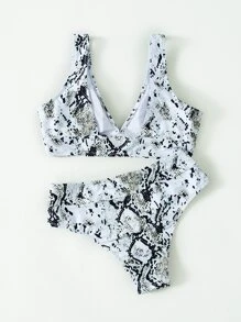 Summer Snakeskin Print High Waisted Bikini Set - Black and White - View 2