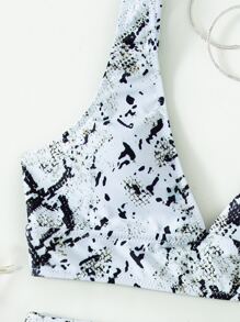 Summer Snakeskin Print High Waisted Bikini Set - Black and White - View 4