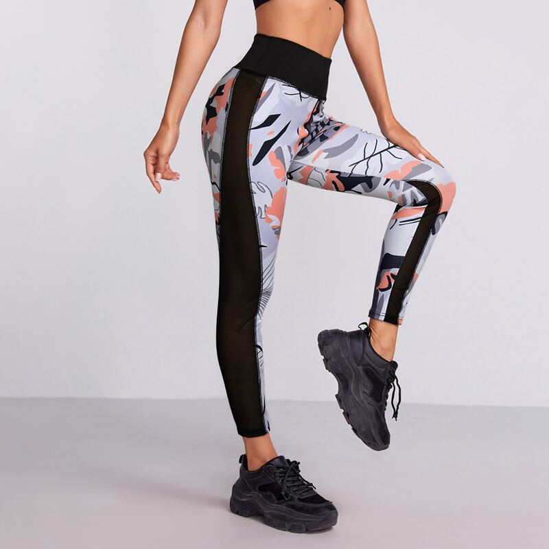 

Super Elastic Color Block Mesh Insert Sports Leggings, Multicolor