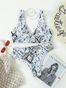Summer Snakeskin Print High Waisted Bikini Set - Black and White - View 5